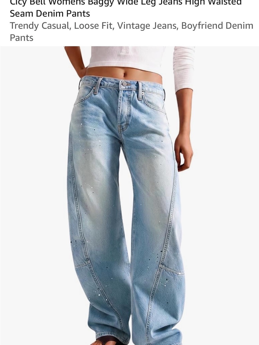 High-Rise Light Blue Wide-Leg Jeans with Subtle Paint Detail